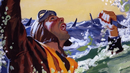A painting for the U.S. Army’s Stars and Stripes newspaper shows a downed pilot fending off sharks with a knife.