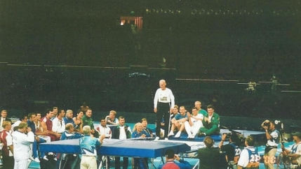 George Nissen appears on a trampoline at the 2000 Olympics. 
