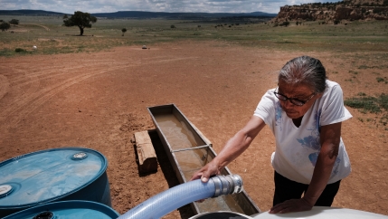 Woman holding hose from truck to fill water trough 