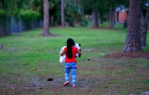 Young girl walking on lawn, holding teddy bears