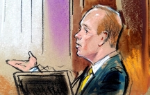 In this illustration, Rick Gates is shown testifying wearing a suit while sitting on the stand.