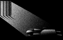 Animation of a person lying in the dark in what seems to be a jail cell. Light shines in from a window with bars.