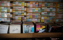 vinyl records lined up at a record shop