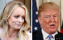 A combination photo shows adult film actress Stephanie Clifford, also known as Stormy Daniels, speaking in New York City, and US President Donald Trump speaking in Washington, Michigan, on April 16, 2018, and April 28, 2018, respectively.
