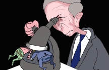 cartoon shows new special prosecutor James Mueller looking under microscope at Putin and Trump