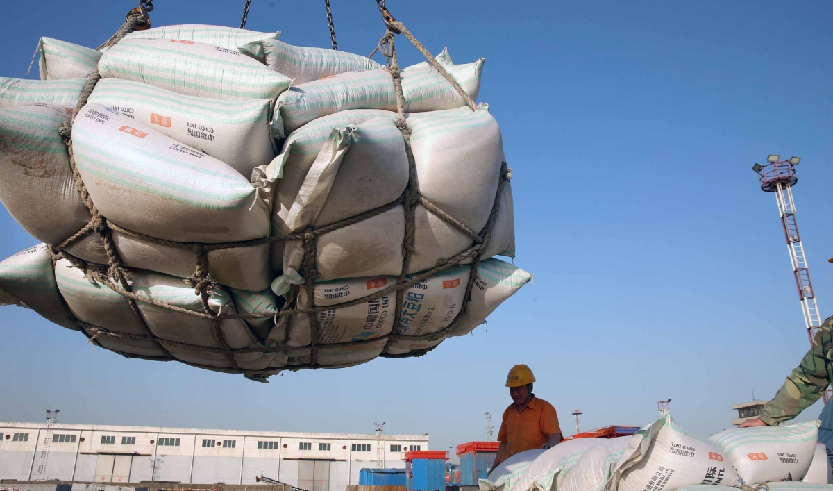 A pile of soybeans is hoisted in the air