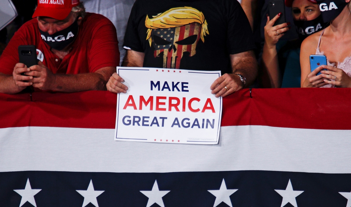 People attend a campaign rally by US President Donald Trump at Cecil Airport in Jacksonville, Florida, Sept. 24, 2020.