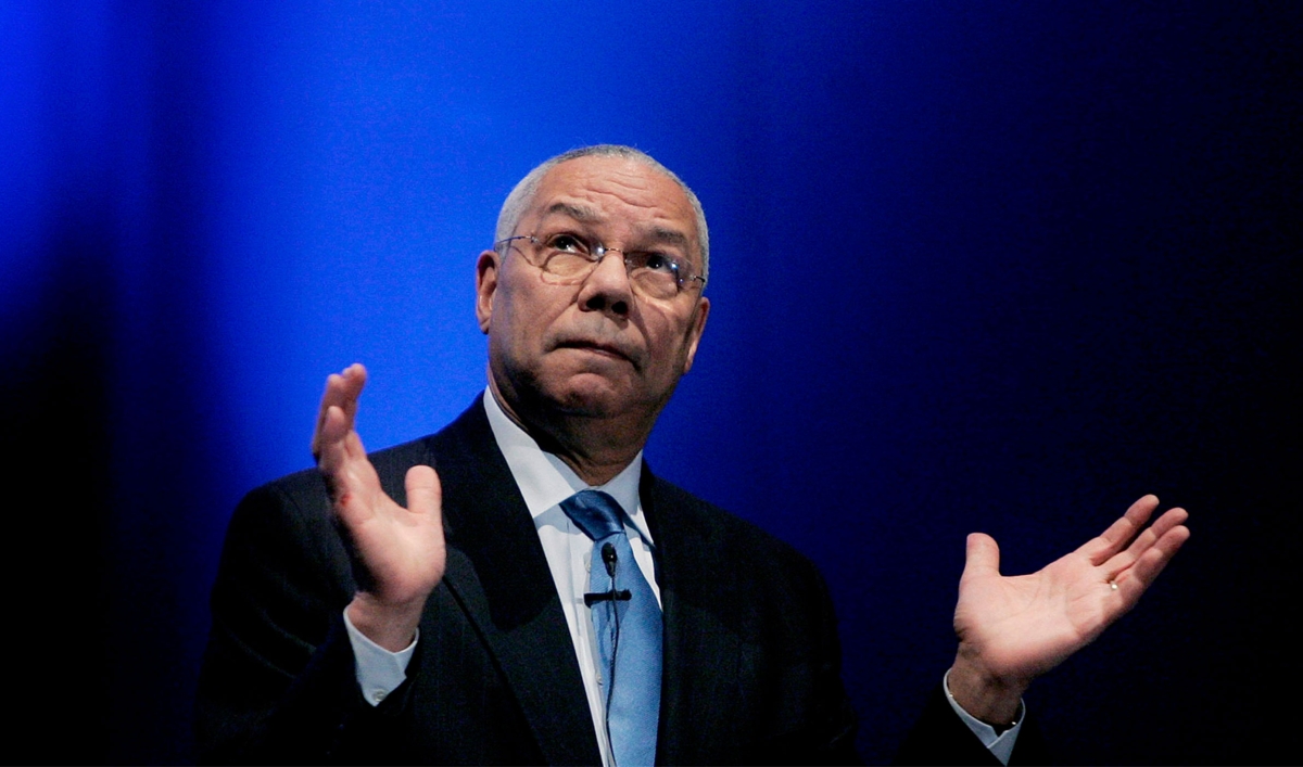 Former Secretary of State Colin Powell gestures during a lecture about business management and leadership in Madrid, Spain
