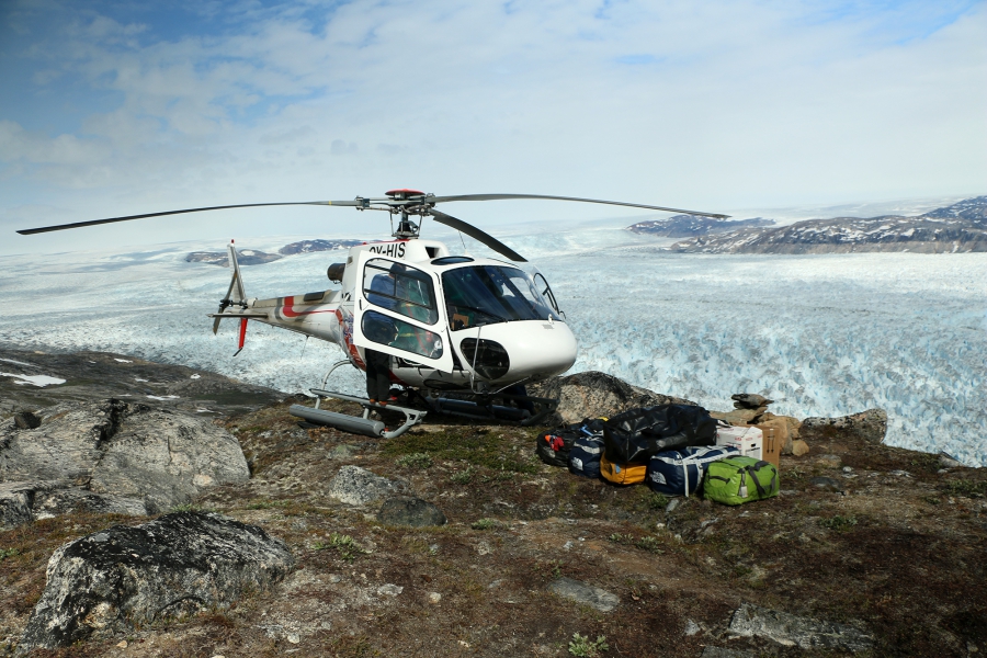 Chopper From their base on the side of the Helheim glacier, researchers from Gordon Hamilton's team fly out over the glacier and the Sermilik fjord in to which it drains to guage the movement of the glacier and tell-tale changes in the water.
