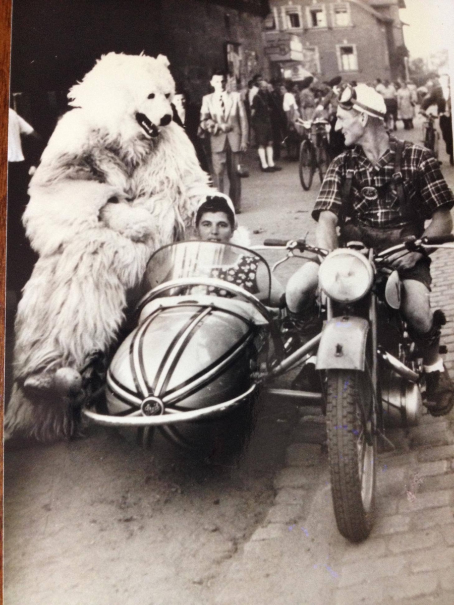 A polar bear sits in a sidecar with Facebook reader Nancy Skoyles Greenberg's great aunt A polar bear sits in a sidecar with Facebook reader Nancy Skoyles Greenberg's great aunt