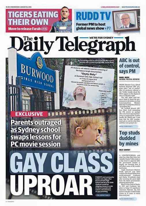 The cover of the Daily Telegraph in Australia, with a headline that reads "GAY CLASS UPROAR"