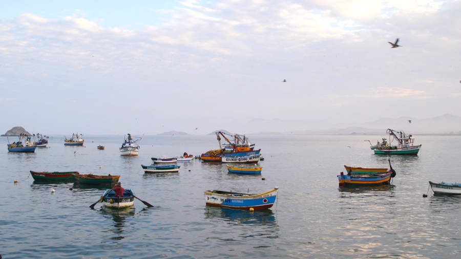 Boats bob next to the tiny fishing village of Puerto Huarmey, Peru. Boats bob next to the tiny fishing village of Puerto Huarmey, Peru.