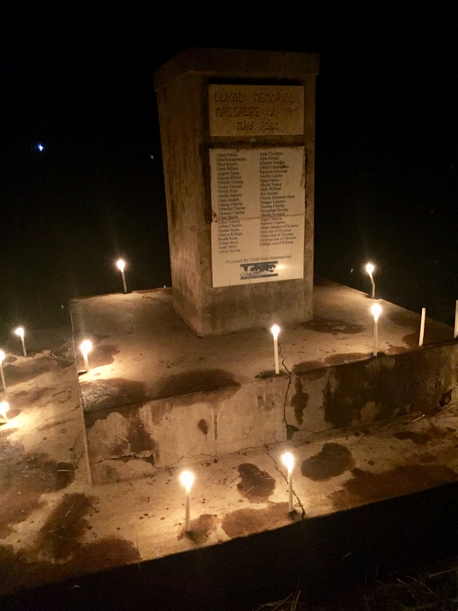 A memorial to honor those killed by the Lord's Resistance Army in Lukodi, Uganda. A memorial with candles on it to honor those killed by the Lord's Resistance Army in Lukodi, Uganda.