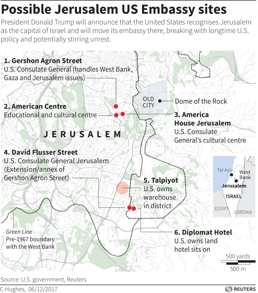 Map locating possible sites for the US embassy if it moves from Tel aviv to Jerusalem. Map locating possible sites for the US embassy if it moves from Tel aviv to Jerusalem.