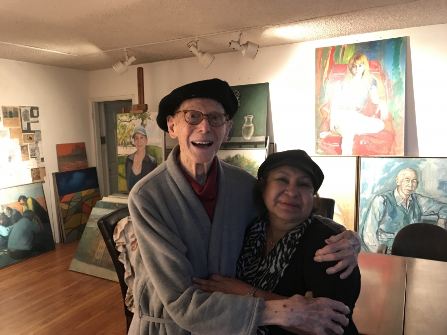 Kalman Aron and his wife, Miriam. The walls and floors of their apartment are covered with Kalman's works. Kalman Aron and his wife, Miriam. The walls and floors of their apartment are covered with Kalman's works.