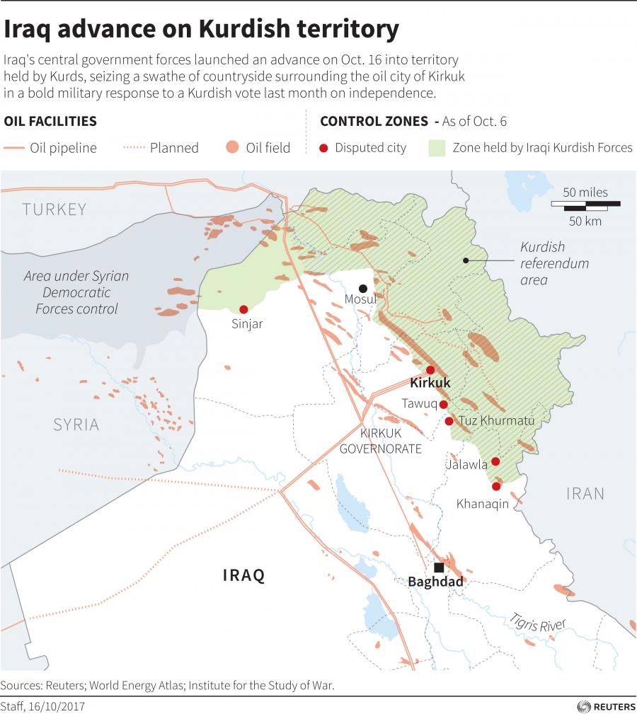 Iraq's central government forces launched an advance on Oct. 16 into territory held by Kurds, seizing a swathe of countryside surrounding the oil city of Kirkuk. Iraq's central government forces launched an advance on Oct. 16 into territory held by Kurds, seizing a swathe of countryside surrounding the oil city of Kirkuk.