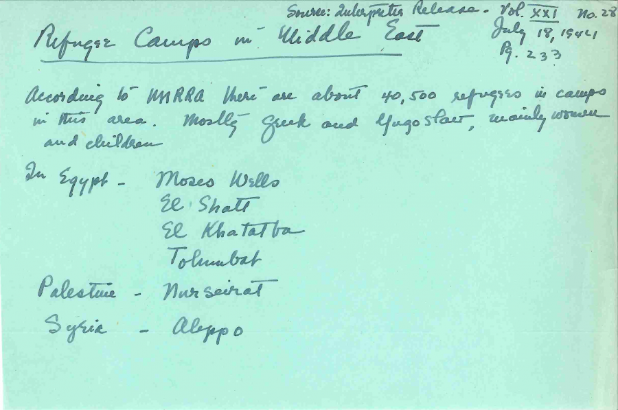 A blue note in cursive writing, names camps and estimates overall population