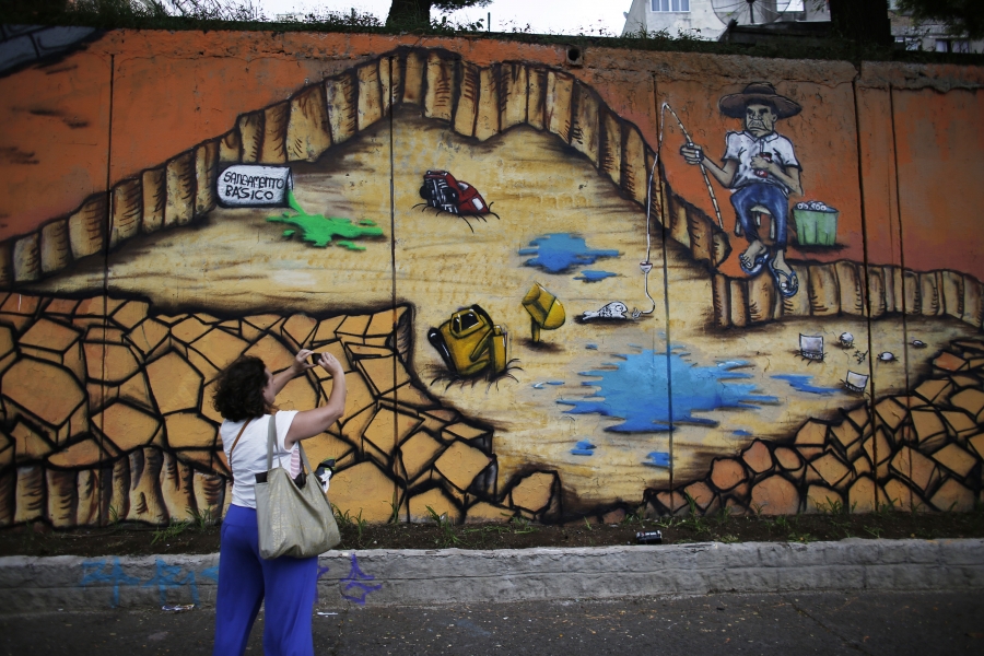 Mural A mural by Brazilian artist Subtu highlights the issue of severe water shortages in São Paulo. After bottoming out at below 10%, reservoir levels are still below 20% of capacity heading into the region's dry season.
