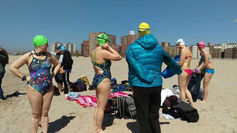 Getting ready to take a dip on Brighton Beach. There's no ice, but it's cold. Getting ready to take a dip on Brighton Beach. There's no ice, but it's cold.