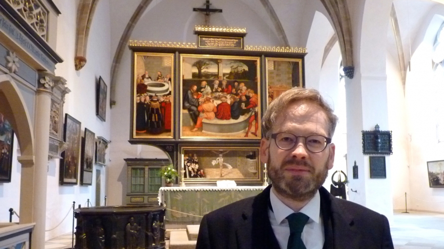 Pastor Johannes Block preaches in Town Church, where Martin Luther preached nearly 500 years ago. Pastor Johannes Block preaches in Town Church, where Martin Luther preached nearly 500 years ago.