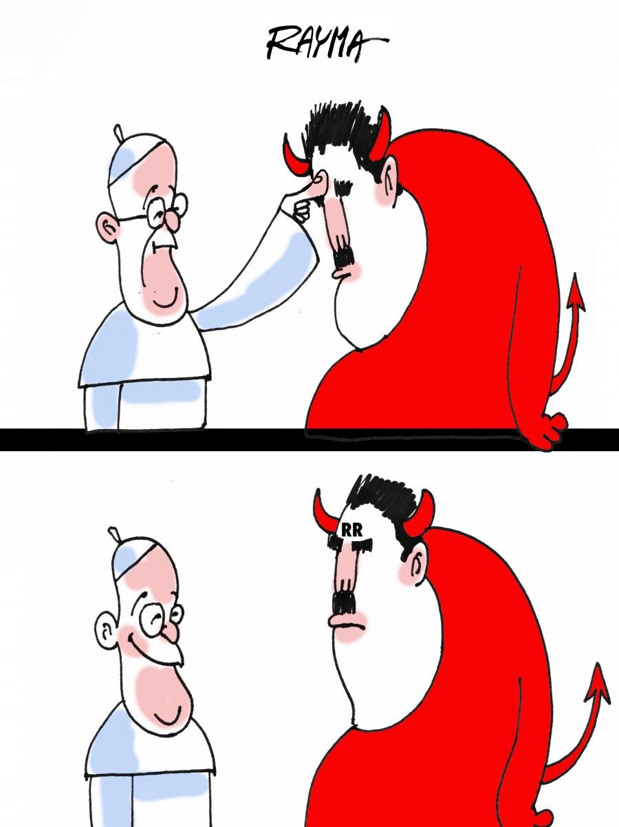 Pope blessing Maduro with RR on his forhead, meaning hold a referendum.
