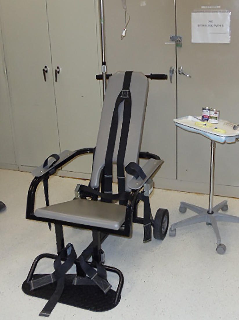 A restraint chair and other equipment of the type used in force-feeding detainees displayed during a media tour of the Guantánamo Bay military prison on April 19. A restraint chair and other equipment of the type used in force-feeding detainees displayed during a media tour of the Guantánamo Bay military prison on April 19.