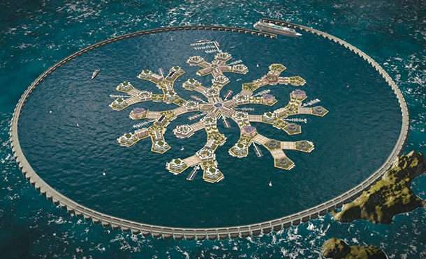 Seastead with barrier