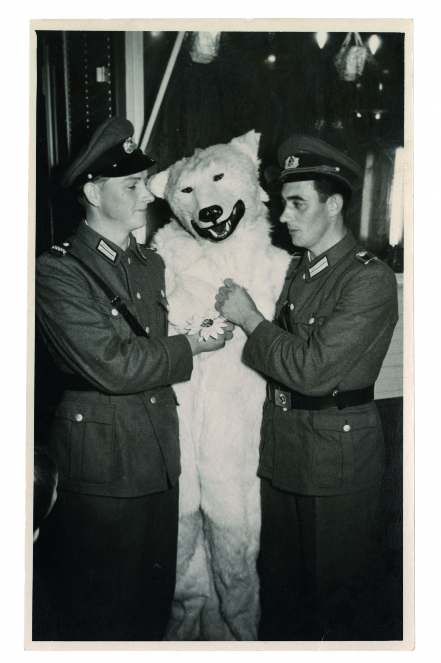 A smiling polar bear sandwiched between two German soldiers in Wehrmacht uniforms. A smiling polar bear sandwiched between two German soldiers in Wehrmacht uniforms.