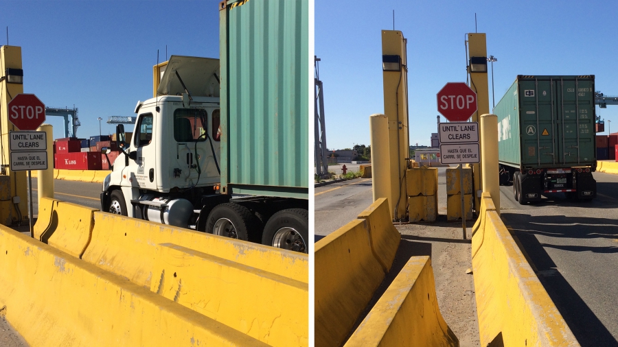 A truck exiting the Port of Boston passes through a radiation portal monitor. A truck exiting the Port of Boston passes through a radiation portal monitor.