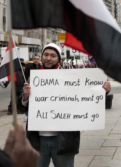 Members of the Yemeni-American community protest the visit to the US of embattled outgoing Yemeni President Ali Abdullah Saleh on February 2, 2012 in New York. Members of the Yemeni-American community protest the visit to the US of embattled outgoing Yemeni President Ali Abdullah Saleh on February 2, 2012 in New York.