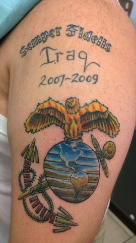 A tattoo commemorating a Marine's service in Iraq. A tattoo commemorating a Marine's service in Iraq.