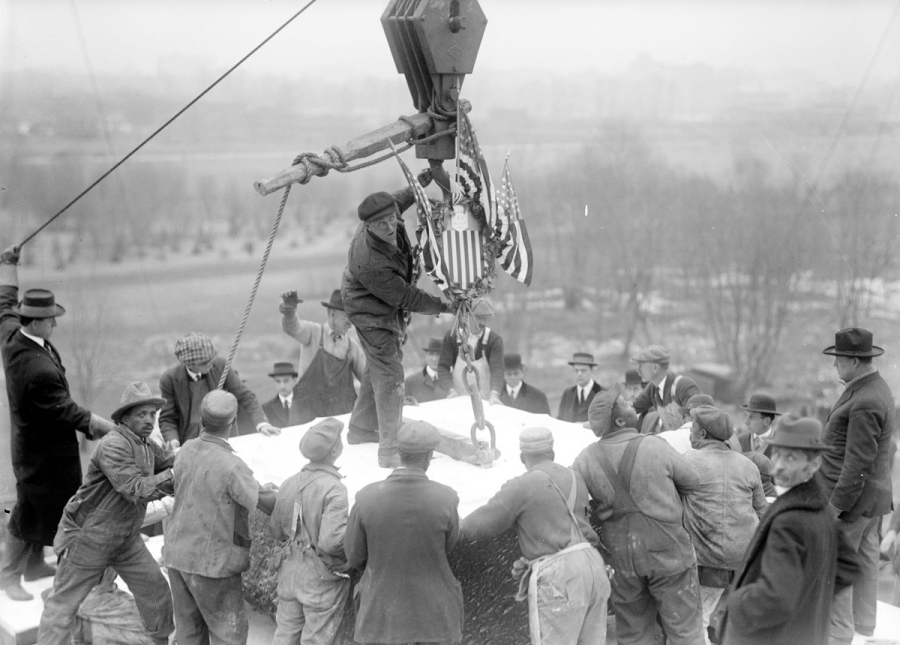 Workers position the cornerstone of the Lincoln Memorial building, 1914. Workers position the cornerstone of the Lincoln Memorial building, 1914.