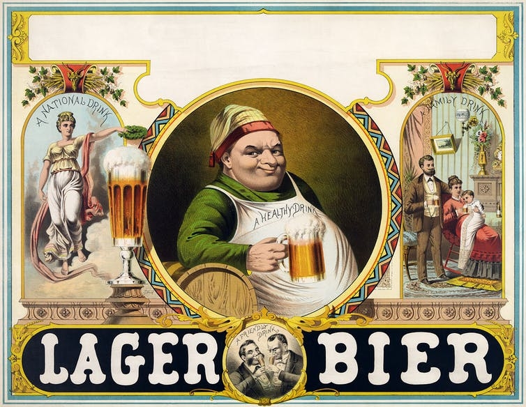 A print from the 1800s promotes "lager bier" as a "healthy drink" and a "family drink."