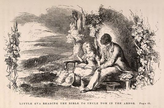 Uncle Tom sits next to Eva, the child he cares for and tends as she falls ill in Harriet Beecher Stowe's novel. Uncle Tom sits next to Eva, the child he cares for and tends as she falls ill in Harriet Beecher Stowe's novel.