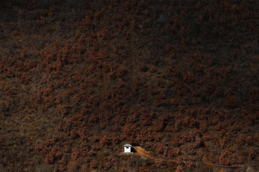 A North Korean watchtower is photographed from the Chinese side of the Yalu River east of Linjiang, China.