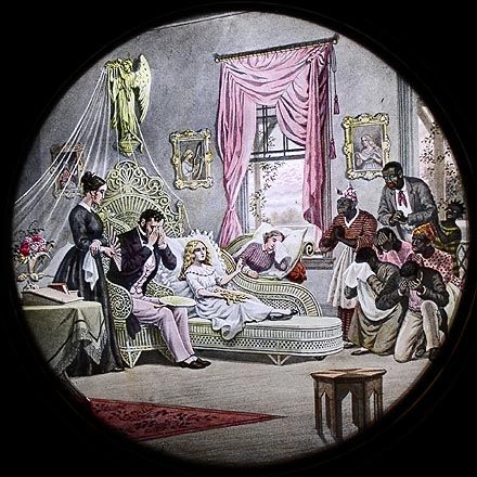This scene depicts Eva, the child Tom cares for, dying from tuberculosis. This scene depicts Eva, the child Tom cares for, dying from tuberculosis.