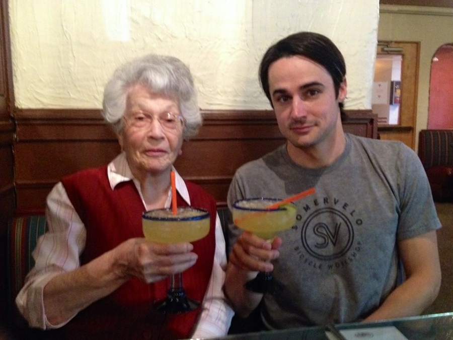 92-year-old Hortensia Campbell and her grandson, Bradley Campbell, toast to good health. 92-year-old Hortensia Campbell and her grandson, Bradley Campbell, toast to good health.
