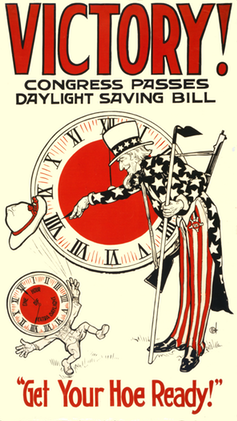 Poster celebrating enactment of daylight saving time during World War I, 1917. Poster celebrating enactment of daylight saving time during World War I, 1917.