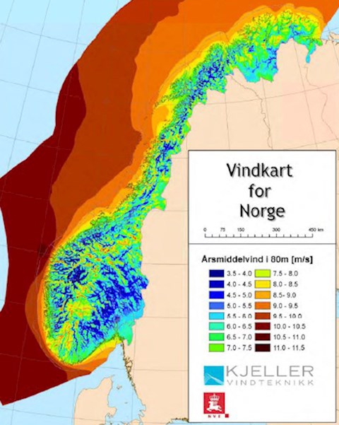 Map A map of onshore and offshore wind resource availability in Norway, from high (red) to low (blue).