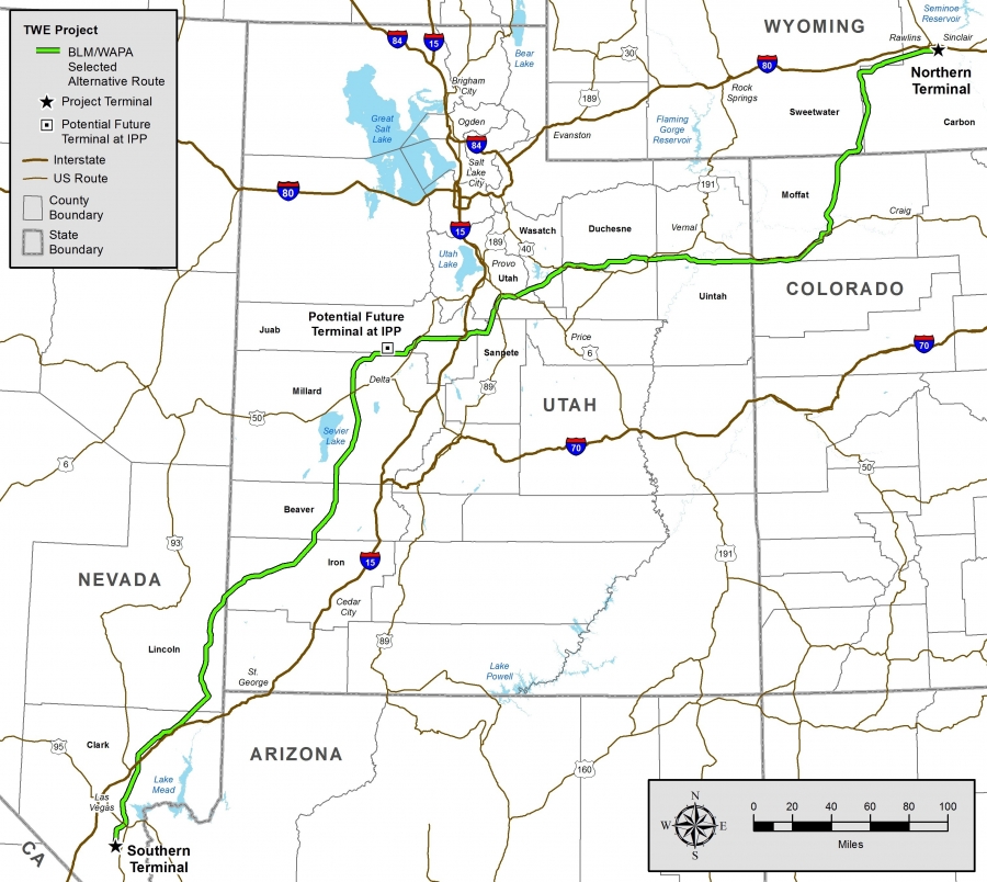 The 730-mile TransWest Express transmission line will deliver wind energy from Wyoming to California. The 730-mile TransWest Express transmission line will deliver wind energy from Wyoming to California.
