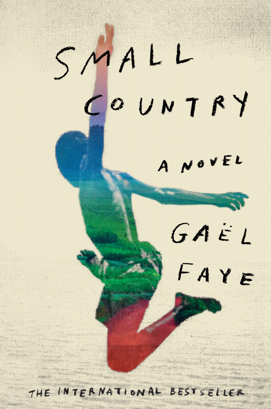 Cover of the novel 'Small Country' The cover of the novel 'Small Country,' which shows a boyish figure in blue, green and red leaping into the air with arms outstretched.