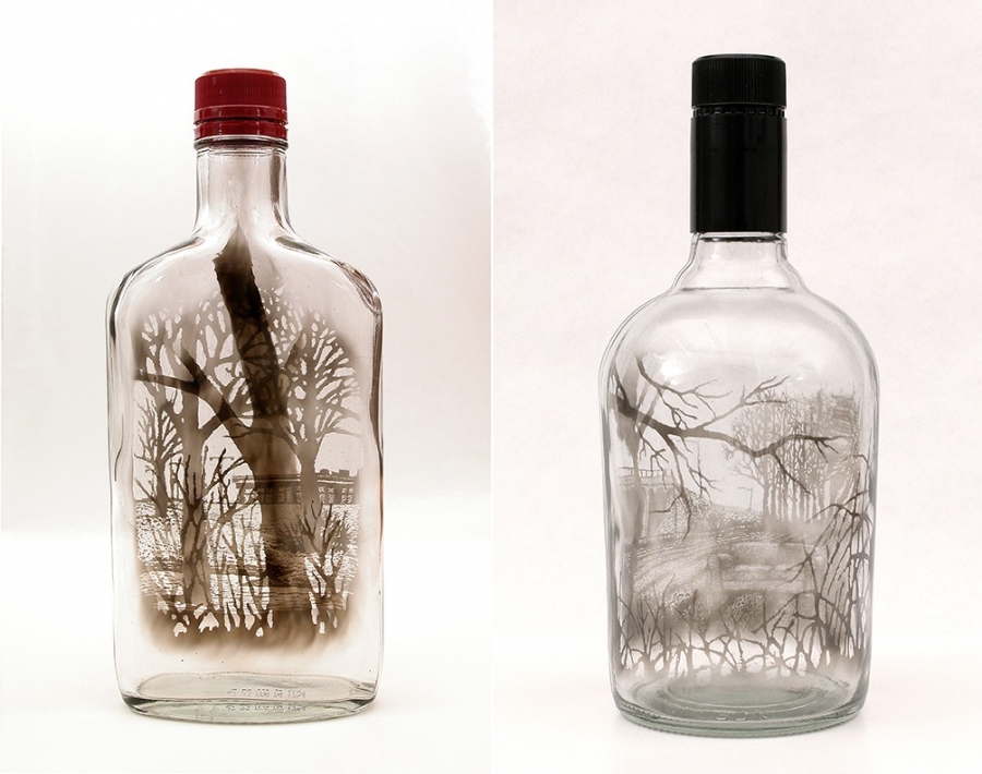 “Midwinter Crossing,” 2010 and “Questioning the Open Field,” 2011, by Jim Dingilian. Smoke inside empty glass bottle. “Midwinter Crossing,” 2010 and “Questioning the Open Field,” 2011, by Jim Dingilian. Smoke inside empty glass bottle.
