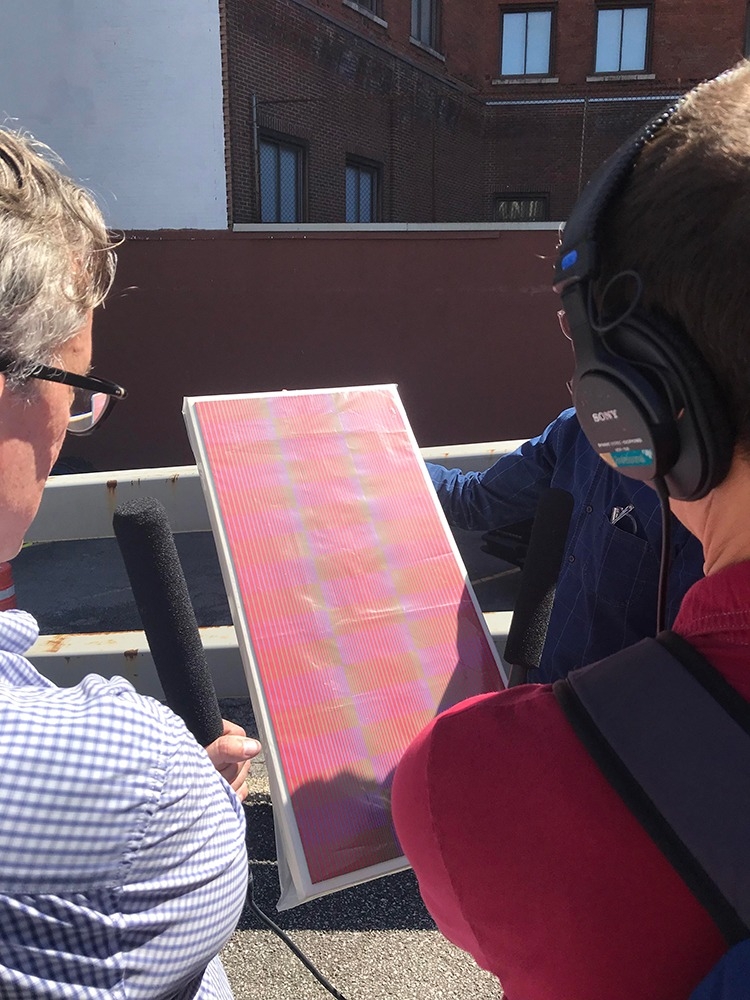 Kurt Andersen looks at the original scale model of Julian Stanczak’s 1973 mural. Kurt Andersen looks at the original scale model of Julian Stanczak’s 1973 mural.