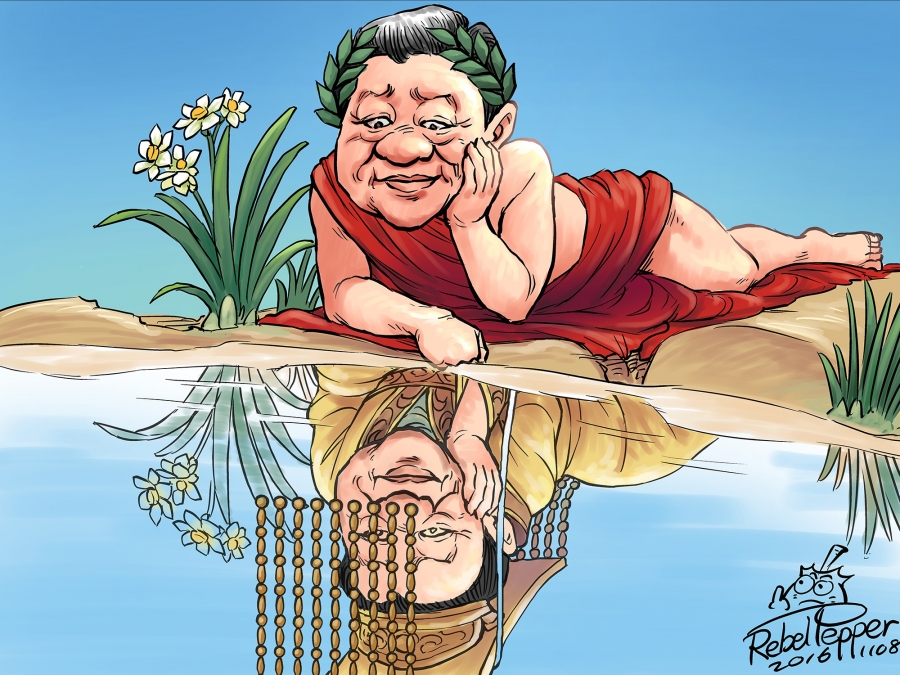 In this cartoon, Xi Jinping of China gazes at his reflection in a reference to the Greek legend of Narcissus. 