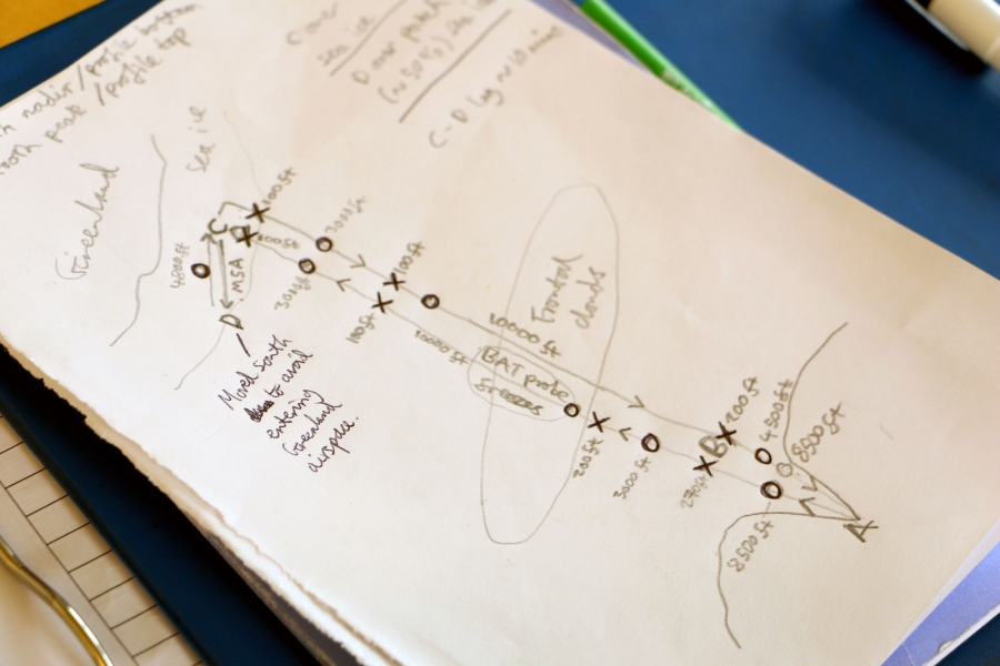 A notebook has a drawn route with notes next to it