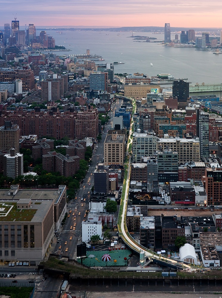 The High Line, in New York City, as seen from above at night. The High Line, in New York City, as seen from above at night.