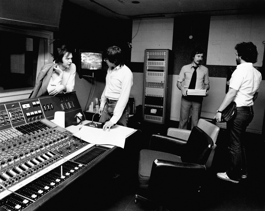 KPM employees including composer Keith Mansfield (second from left) in the control room. KPM employees including composer Keith Mansfield (second from left) in the control room.