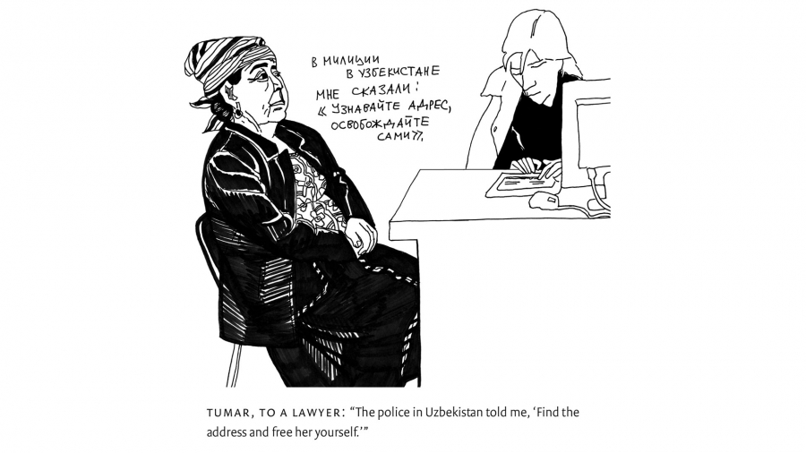 “The police in Uzbekistan said …” from Victoria Lomasko’s “Other Russias.” An illustration showing an older woman on the left wearing a scarf across from a lawyer at a desk with a computer.