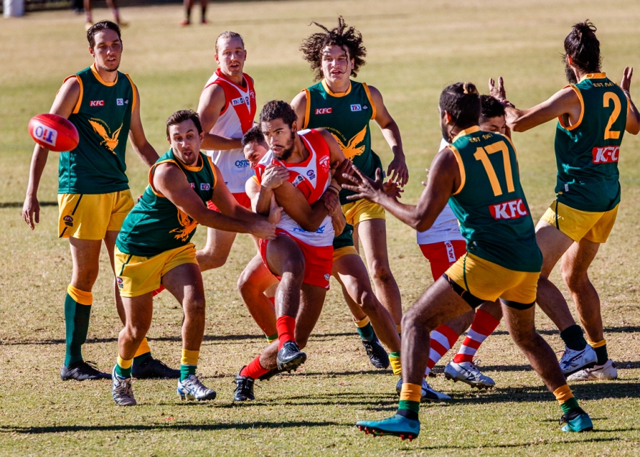 A game of Australian Rules Football takes place in Alice Springs, in Australia's Northern Territory. Shirleen Campbell's family is still together and her sons are top Australian Rules Football players in the local league. A ball is thrown in game of Australian Rules Football taking place in Alice Springs, in Australia's Northern Territory.