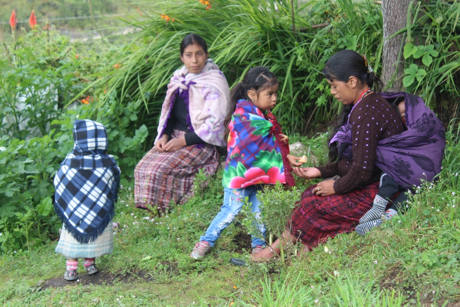 Two young girls in a clearing with two women, one with a baby, sitting on a grassy hillside